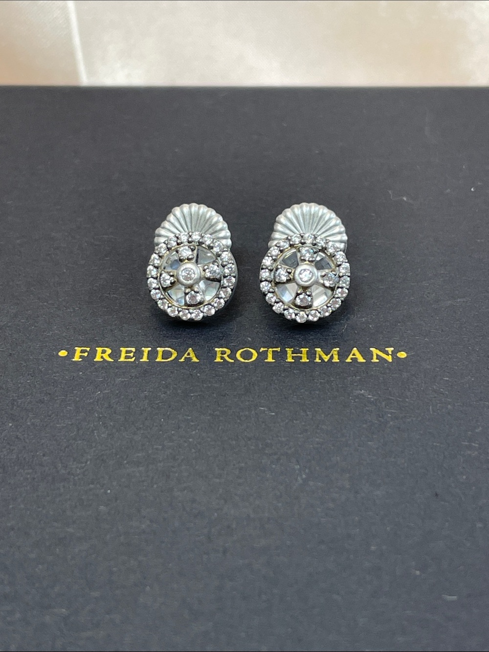 FREIDA ROTHMAN Clover Cage Stud Earrings in Silver & Black Rhodium - $195 MSRP